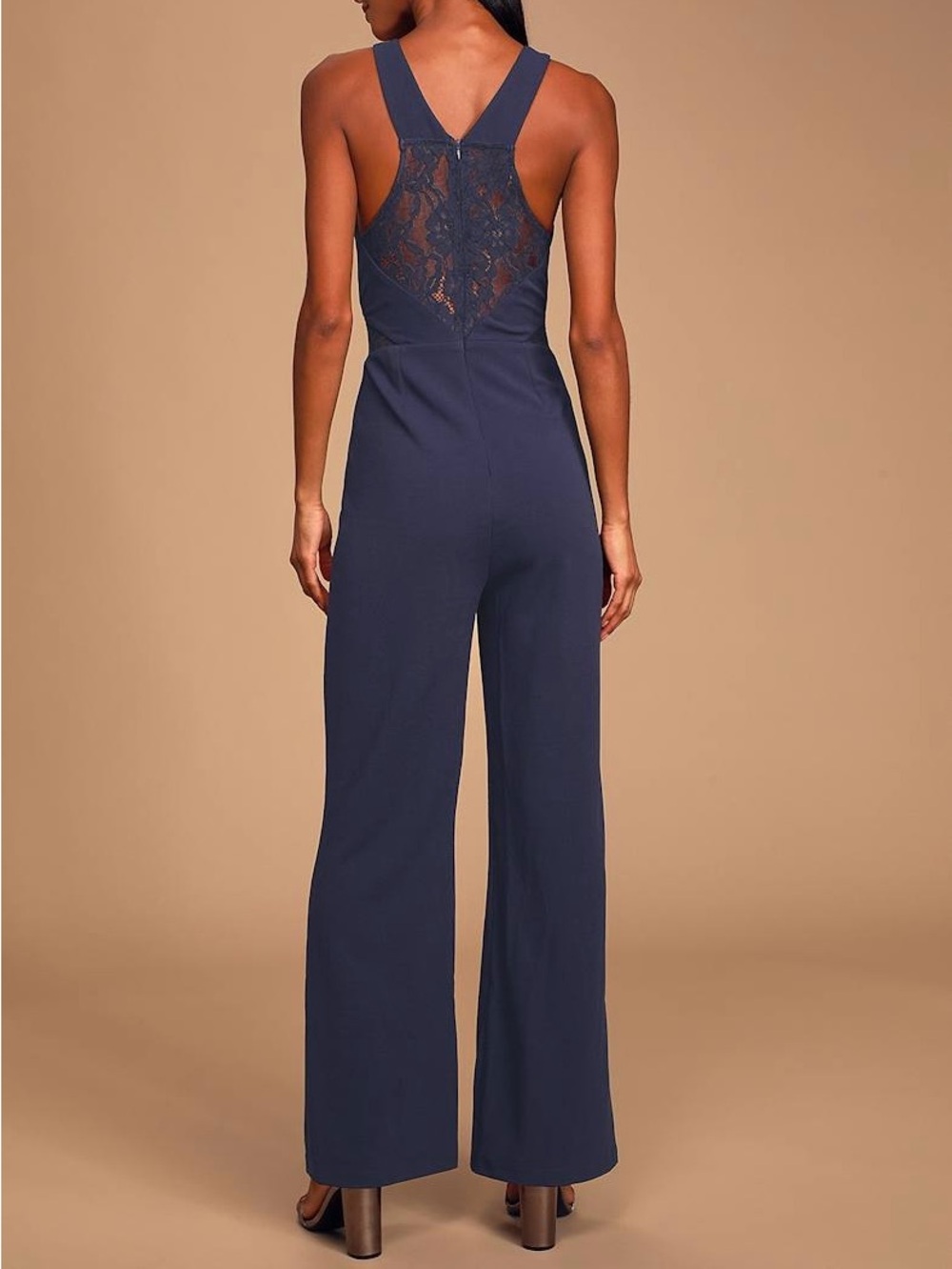 NWT Lulus Treat You Well Navy Blue Lace Halter Wide Leg Jumpsuit Size M - Picture 3 of 15